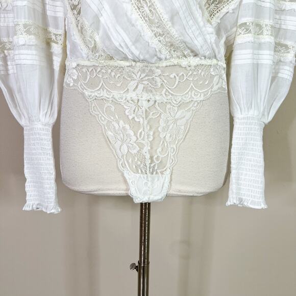 NEW Free People | Eloise White Lace Puff Sleeve V Neck Semi Sheer Bodysuit Top - Picture 5 of 12